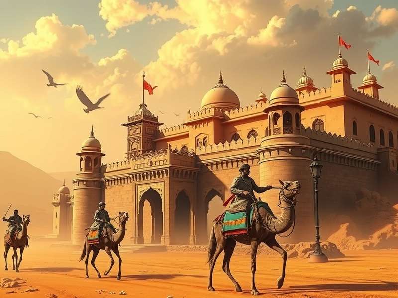 Sands Dominators story cutscene showing Rajput court in Jaisalmer fort with desert caravan in background